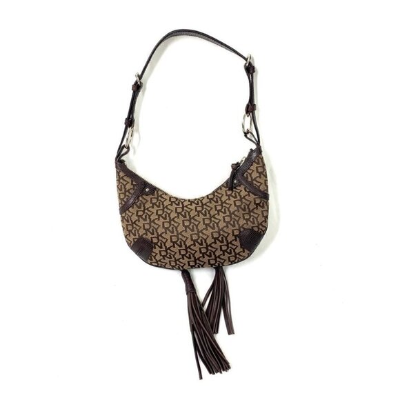 DKNY Signature Small Tassel Hobo Shoulder Bag - Brown/Tan Faux Leather/Canvas - Picture 3 of 8